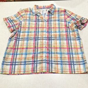 Vintage Alfred Dunner‎ Womens Plaid Floral Short Sleeve Button Up Muiti-Color